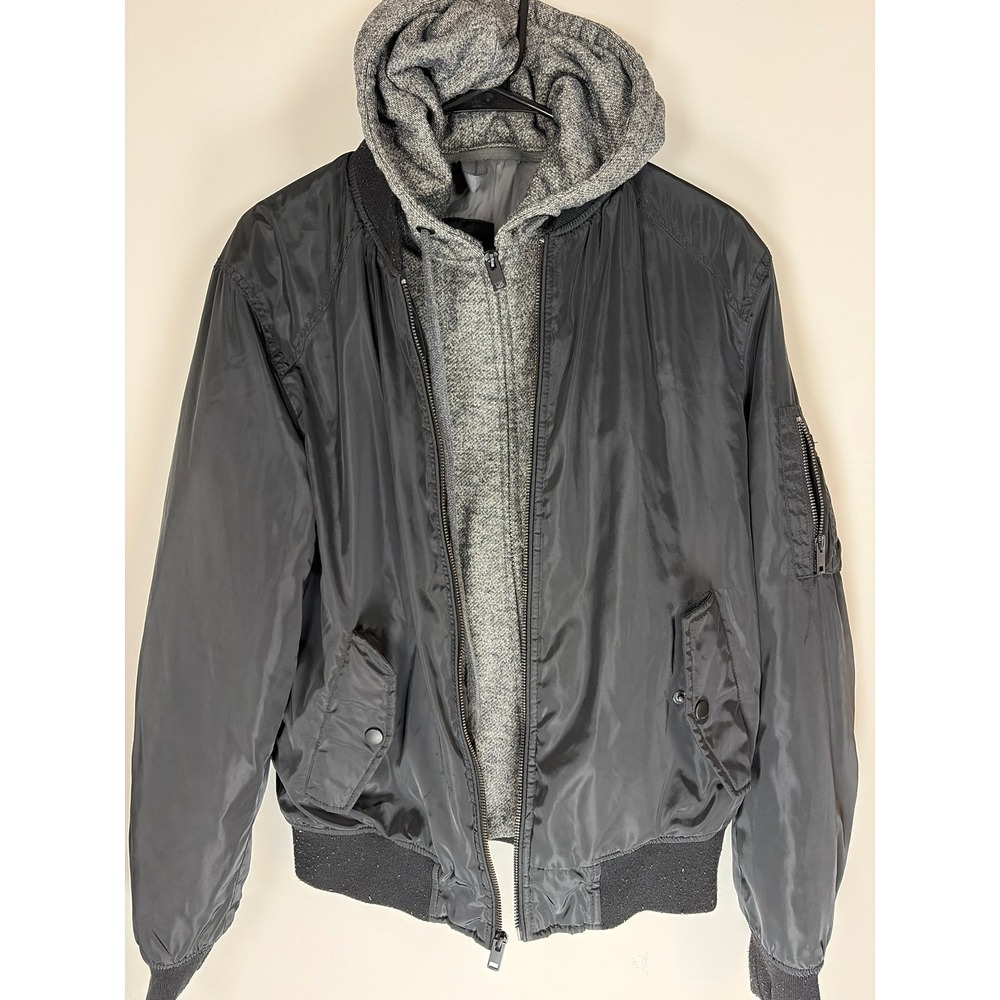 Express Mens Black Bomber Jacket with Grey Hooded Insert Small Layered Flight